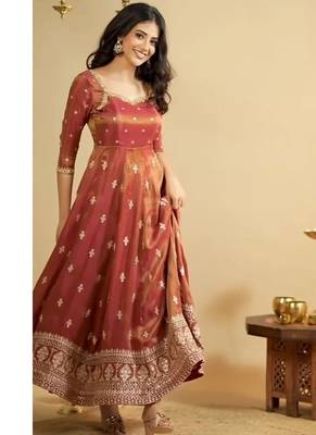 Rust embroidery silk blend  full stitched anarkali suit 1