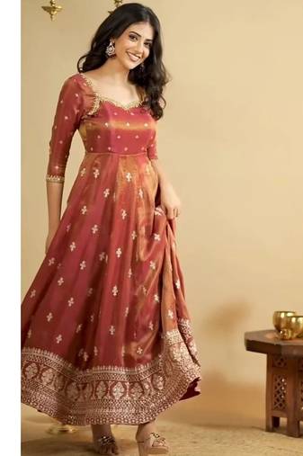 Rust embroidery silk blend  full stitched anarkali suit
