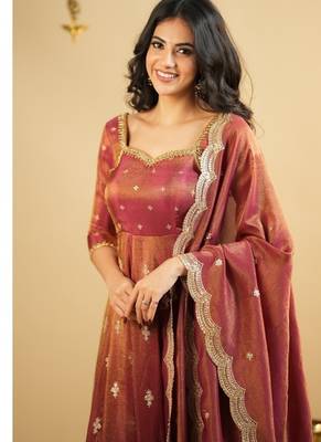 Rust embroidery silk blend  full stitched anarkali suit 2