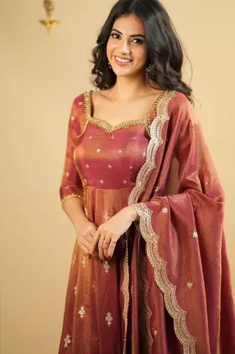 Rust embroidery silk blend  full stitched anarkali suit