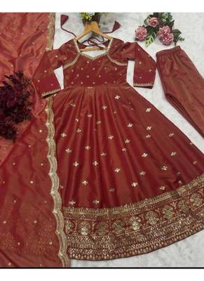 Rust embroidery silk blend  full stitched anarkali suit 3