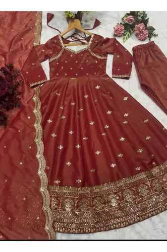 Rust embroidery silk blend  full stitched anarkali suit