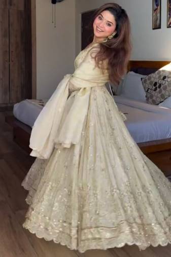 Off white embroidery silk blend full stitched anarkali suit
