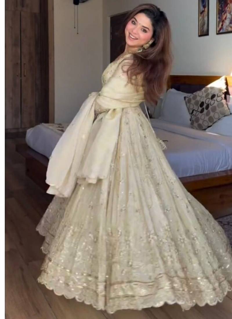 Off white embroidery silk blend full stitched anarkali suit