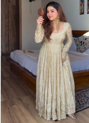 Off white embroidery silk blend full stitched anarkali suit 2