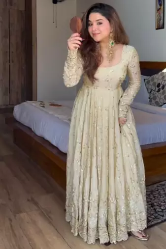 Off white embroidery silk blend full stitched anarkali suit
