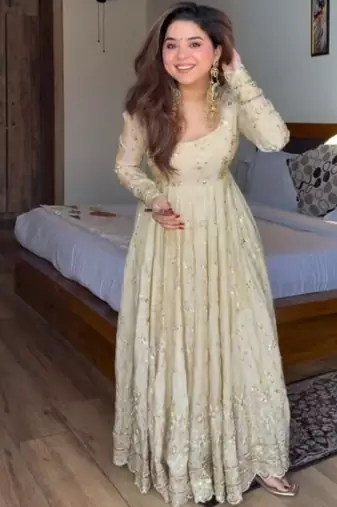 Off white embroidery silk blend full stitched anarkali suit