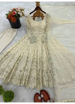 Off white embroidery silk blend full stitched anarkali suit 4