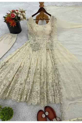 Off white embroidery silk blend full stitched anarkali suit