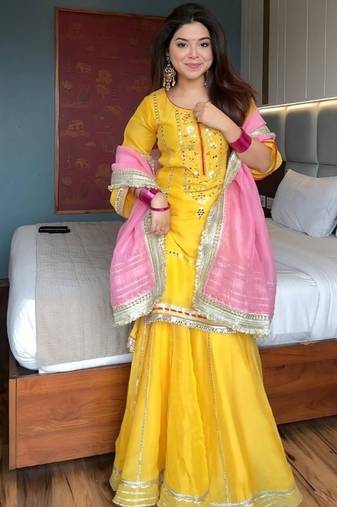 Yelllow embroidery faux georgette fully stitched sarara suit set