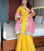 Yelllow embroidery faux georgette fully stitched sarara suit set