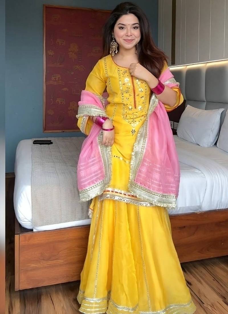 Yelllow embroidery faux georgette fully stitched sarara suit set