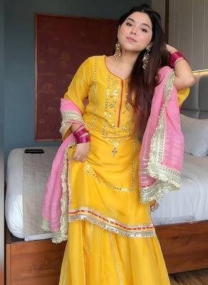 Yelllow embroidery faux georgette fully stitched sarara suit set 2