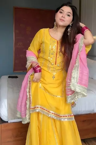 Yelllow embroidery faux georgette fully stitched sarara suit set