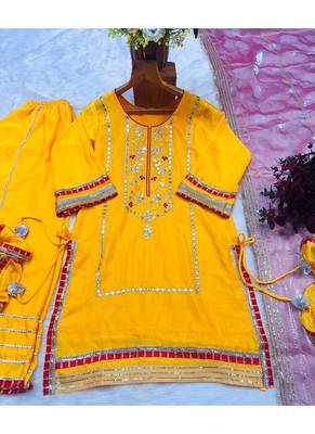 Yelllow embroidery faux georgette fully stitched sarara suit set 3