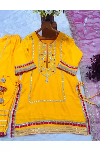 Yelllow embroidery faux georgette fully stitched sarara suit set