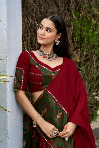 Maroon Navratri Special Ajrakh Print Lehenga Choli