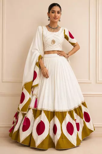 White Navratri Cotton Lehenga Choli with Dupatta