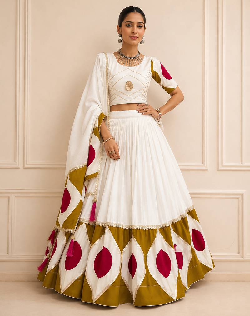White Navratri Cotton Lehenga Choli with Dupatta
