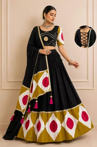 Black Navratri Cotton Lehenga Choli with Dupatta