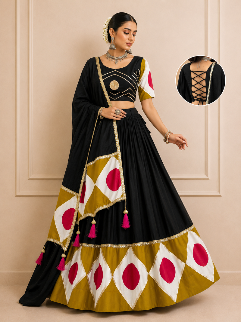 Black Navratri Cotton Lehenga Choli with Dupatta