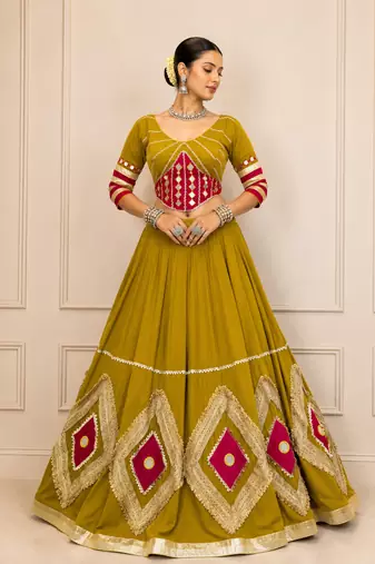 Mustard Navratri Cotton Hand Work Mirror Lehenga Choli