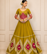 Mustard Navratri Cotton Hand Work Mirror Lehenga Choli