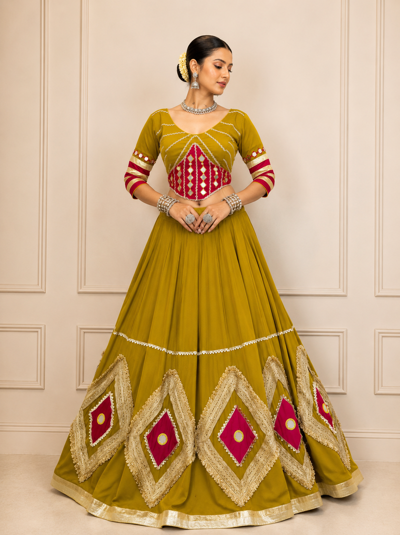 Mustard Navratri Cotton Hand Work Mirror Lehenga Choli