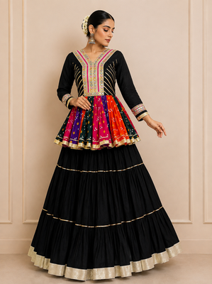 Black Navratri Cotton Gamthi Mirror Work Kediyu Lehenga 1