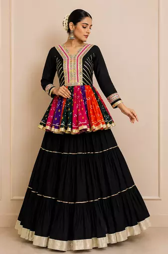 Black Navratri Cotton Gamthi Mirror Work Kediyu Lehenga
