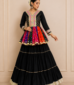 Black Navratri Cotton Gamthi Mirror Work Kediyu Lehenga