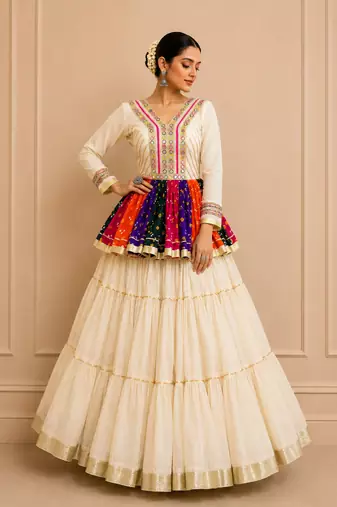 Off White Navratri Cotton Gamthi Mirror Work Kediyu Lehenga