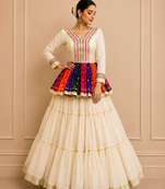 Off White Navratri Cotton Gamthi Mirror Work Kediyu Lehenga