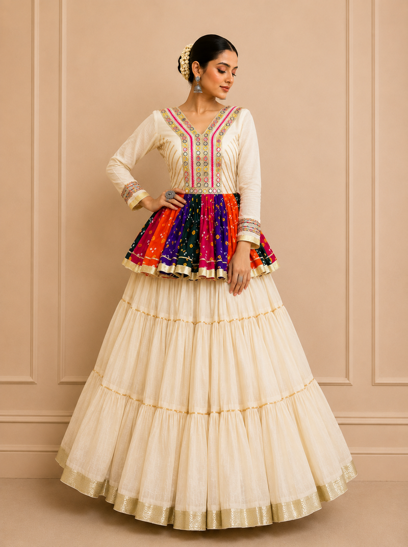 Off White Navratri Cotton Gamthi Mirror Work Kediyu Lehenga