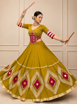 Mustard Navratri Cotton Hand Work Mirror Lehenga Choli 2