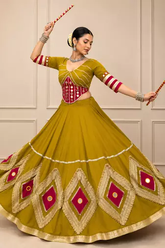 Mustard Navratri Cotton Hand Work Mirror Lehenga Choli