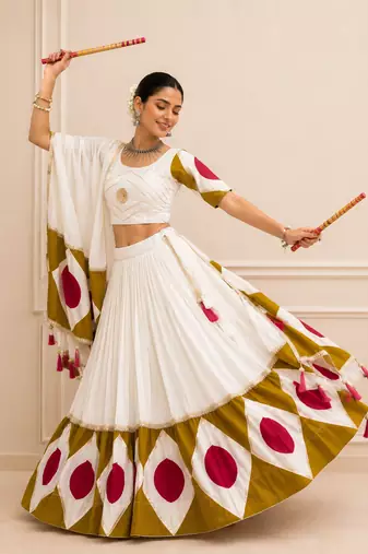 White Navratri Cotton Lehenga Choli with Dupatta