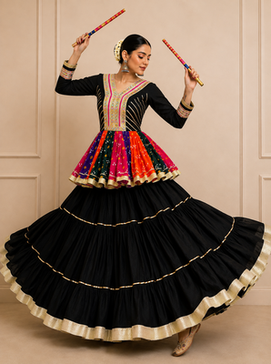 Black Navratri Cotton Gamthi Mirror Work Kediyu Lehenga 2
