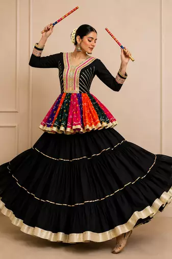 Black Navratri Cotton Gamthi Mirror Work Kediyu Lehenga