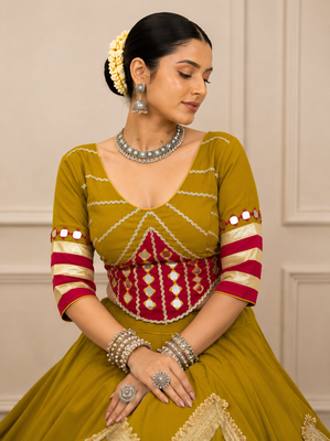 Mustard Navratri Cotton Hand Work Mirror Lehenga Choli 3