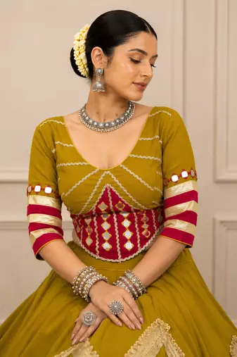 Mustard Navratri Cotton Hand Work Mirror Lehenga Choli