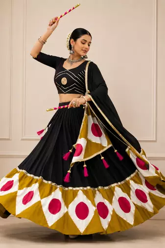 Black Navratri Cotton Lehenga Choli with Dupatta