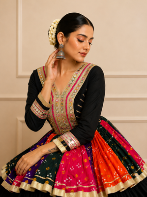 Black Navratri Cotton Gamthi Mirror Work Kediyu Lehenga 3