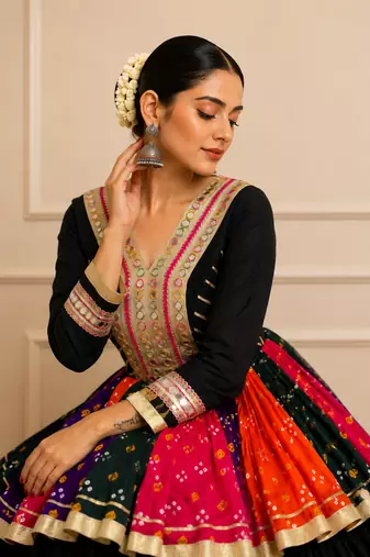 Black Navratri Cotton Gamthi Mirror Work Kediyu Lehenga