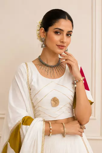 White Navratri Cotton Lehenga Choli with Dupatta