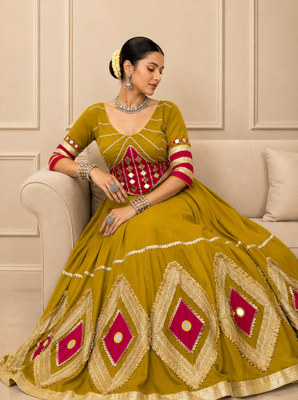 Mustard Navratri Cotton Hand Work Mirror Lehenga Choli 4