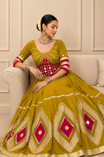 Mustard Navratri Cotton Hand Work Mirror Lehenga Choli