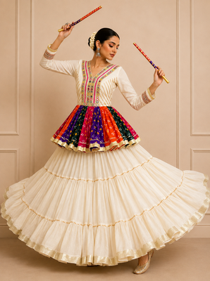 Off White Navratri Cotton Gamthi Mirror Work Kediyu Lehenga 2