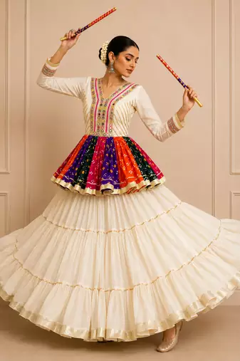 Off White Navratri Cotton Gamthi Mirror Work Kediyu Lehenga