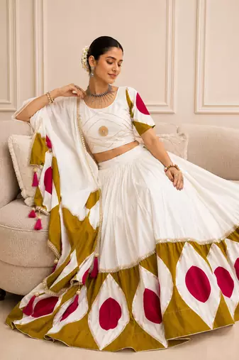 White Navratri Cotton Lehenga Choli with Dupatta